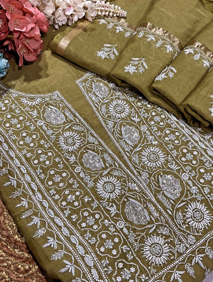Timeless Festive Elegance in Mehndi Green: Mulmul Chikankari Ensemble with Pearls & Cutdana