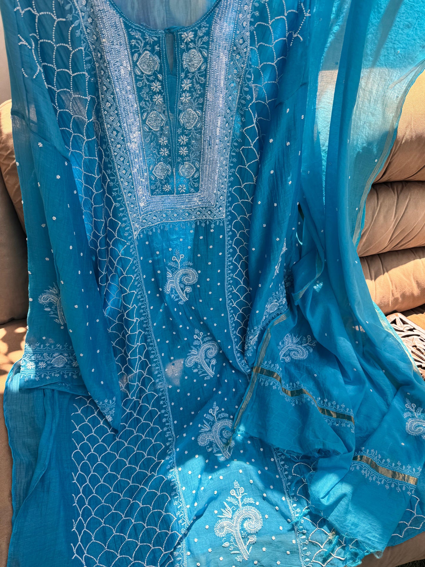 Semi-stitched Mulmul Kurta with Gorgeously Embroidered Dupatta