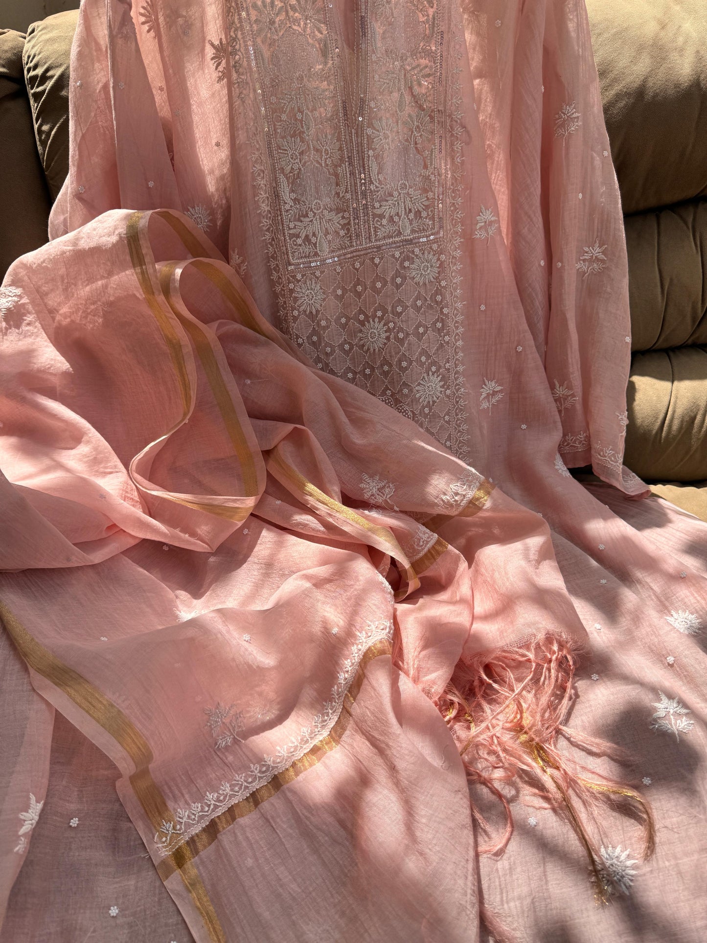 Semi-Stitched Mulmul Kurta with embroidered dupatta