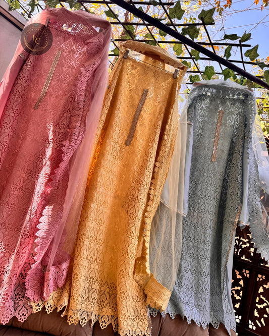 3 Pcs Chantilly laces Set, Kurta Dupatta n Bottom