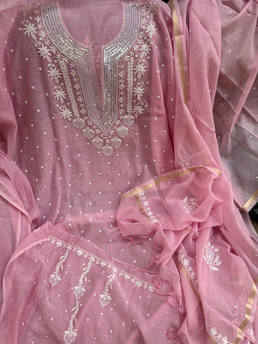 Mulmul Kurta and Dupatta with Motifs, Pearl and Cutdana Embellishments