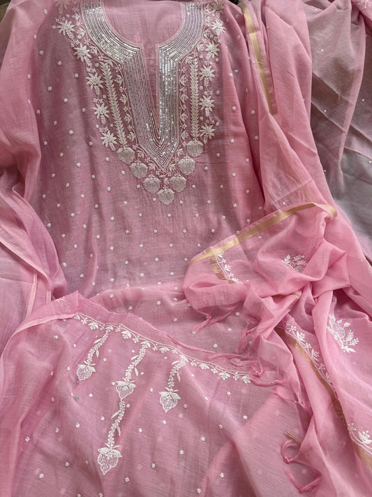 Mulmul Kurta and Dupatta with Motifs, Pearl and Cutdana Embellishments