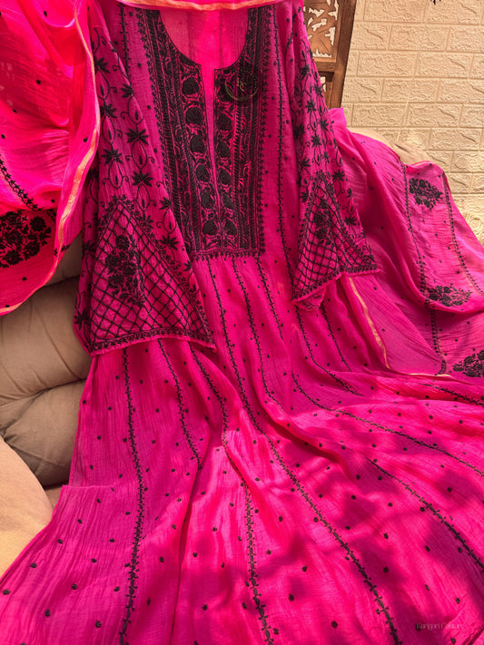Handcrafted Mulmul Anarkali Ensemble with Chikankari & Pearl Embellishments