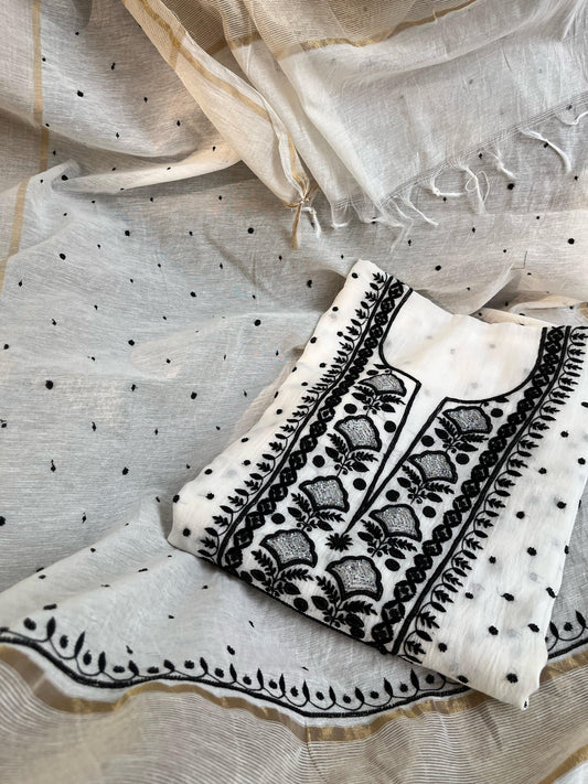 Unstitched Mulmul Chikankari Kurta & Dupatta Set