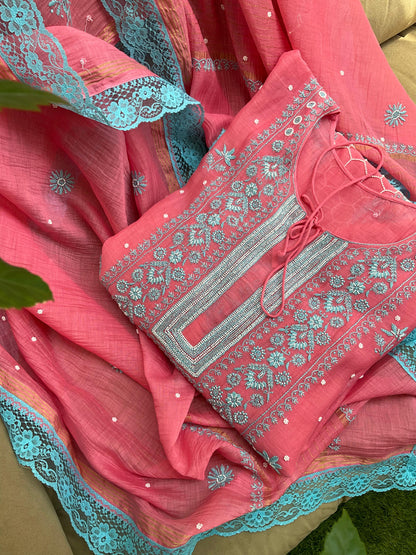 Gulabi Grace Hand Embroidered Malmal Chikankari Set