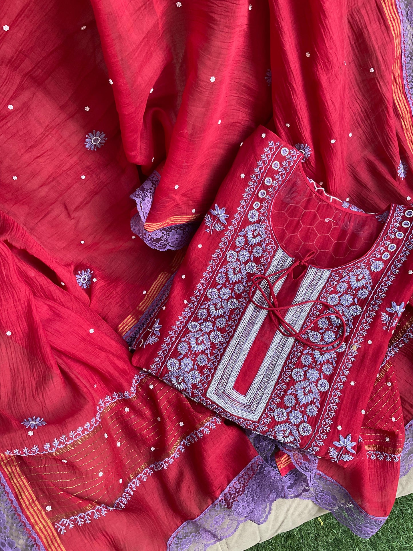 Maroon Muse Hand Embroidered Malmal Chikankari Kurta Set
