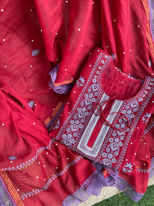 Maroon Muse Hand Embroidered Malmal Chikankari Kurta Set