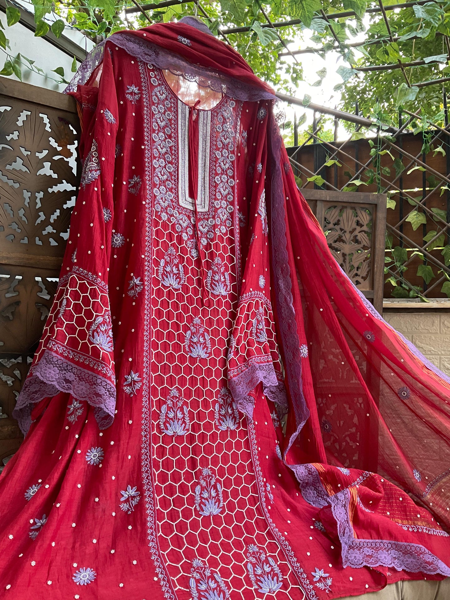 Maroon Muse Hand Embroidered Malmal Chikankari Kurta Set