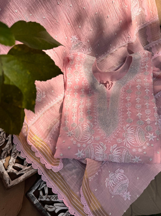 Soft Pinks & Subtle Sparkle Semi Stitched Mulmul Kurta
