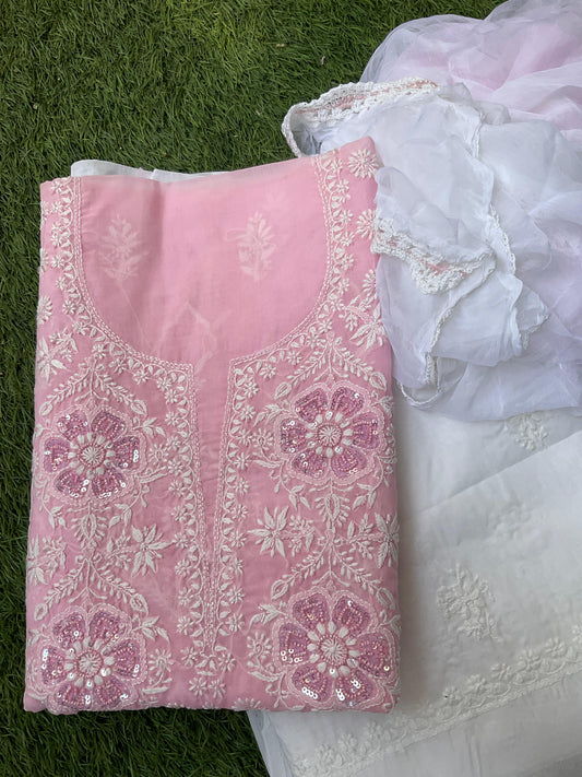 Elegant 3 Piece Cotton Kurta Set with Intricate Darz Ka Kaam & Add Ons