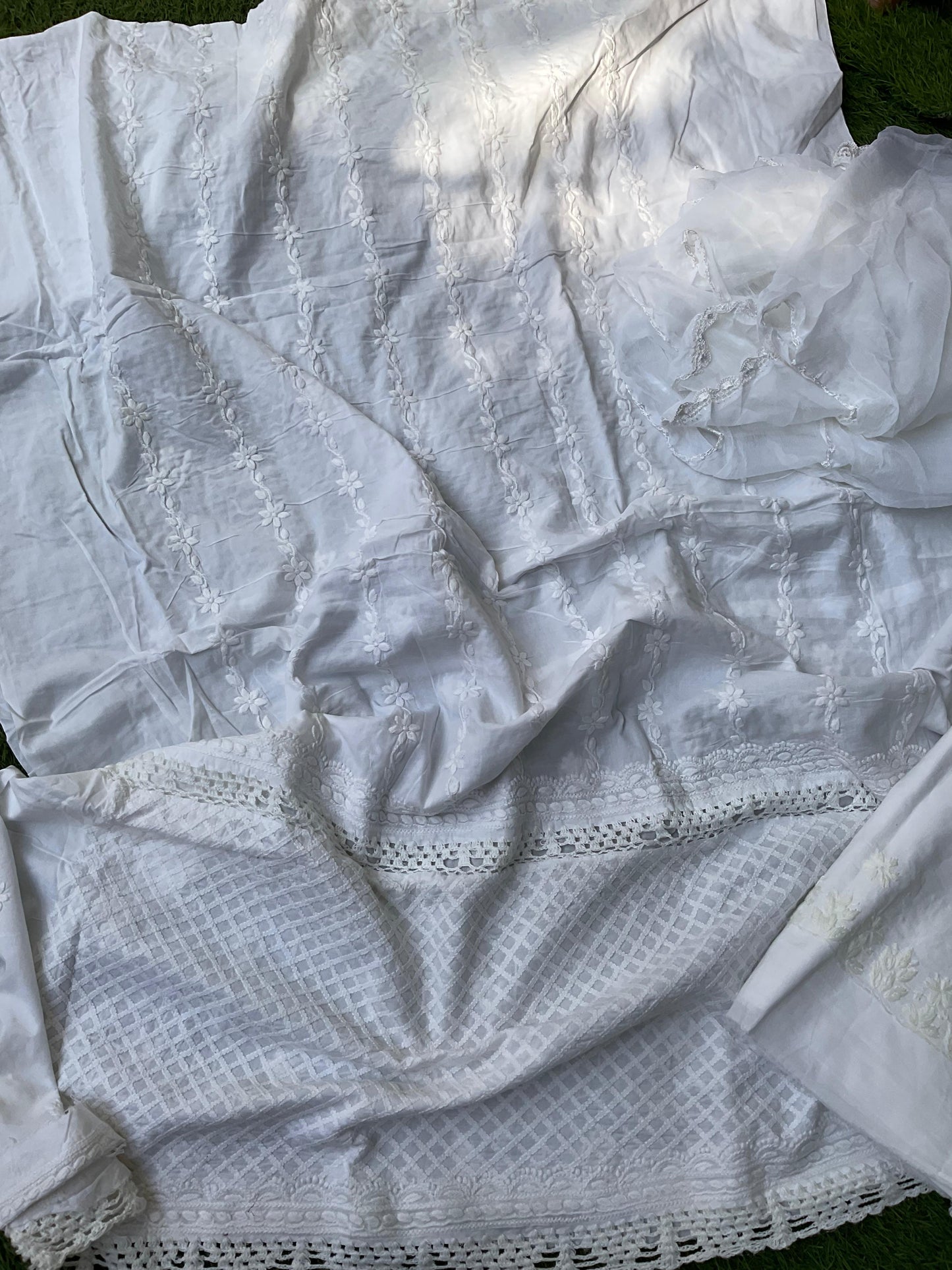3 Piece Pure Cotton Voile Kurta Set with Exquisite Chikankari & Shadow Work