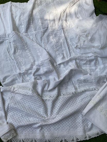 3 Piece Pure Cotton Voile Kurta Set with Exquisite Chikankari & Shadow Work