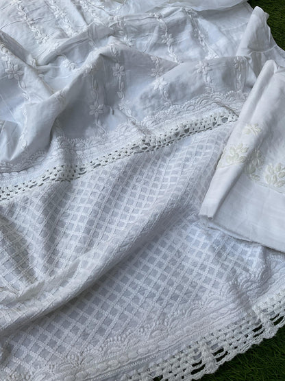 3 Piece Pure Cotton Voile Kurta Set with Exquisite Chikankari & Shadow Work