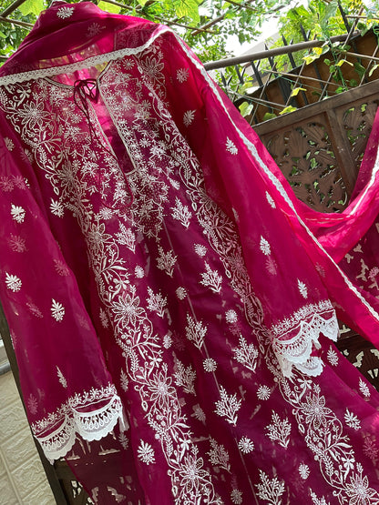 Sheer Organza 3 Piece Kurta Set  Chikankari & Mukesh Inspired Elegance