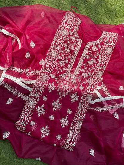 Sheer Organza 3 Piece Kurta Set  Chikankari & Mukesh Inspired Elegance