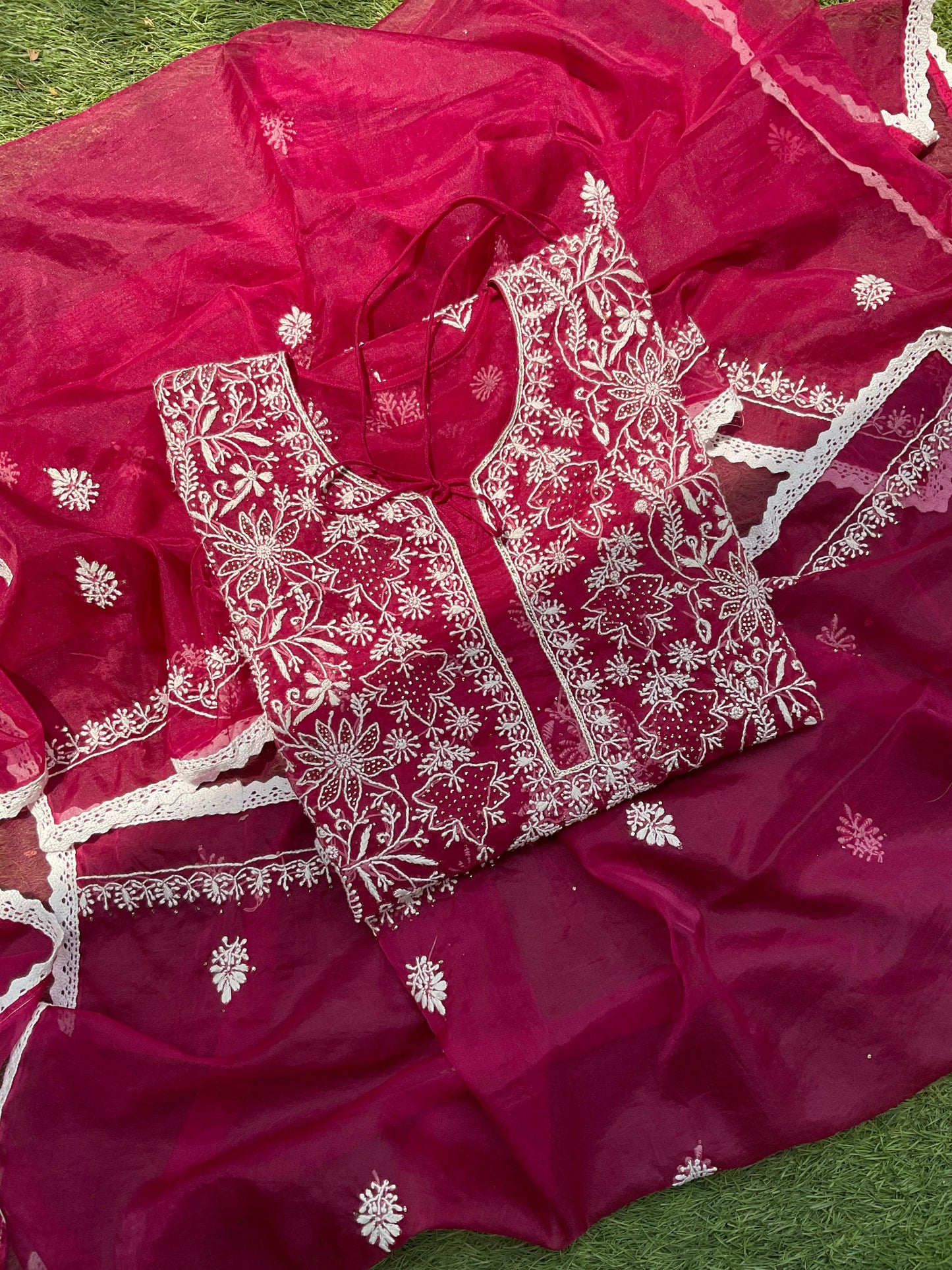 Sheer Organza 3 Piece Kurta Set  Chikankari & Mukesh Inspired Elegance