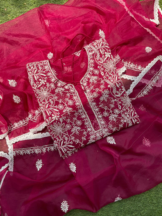 Sheer Organza 3 Piece Kurta Set  Chikankari & Mukesh Inspired Elegance