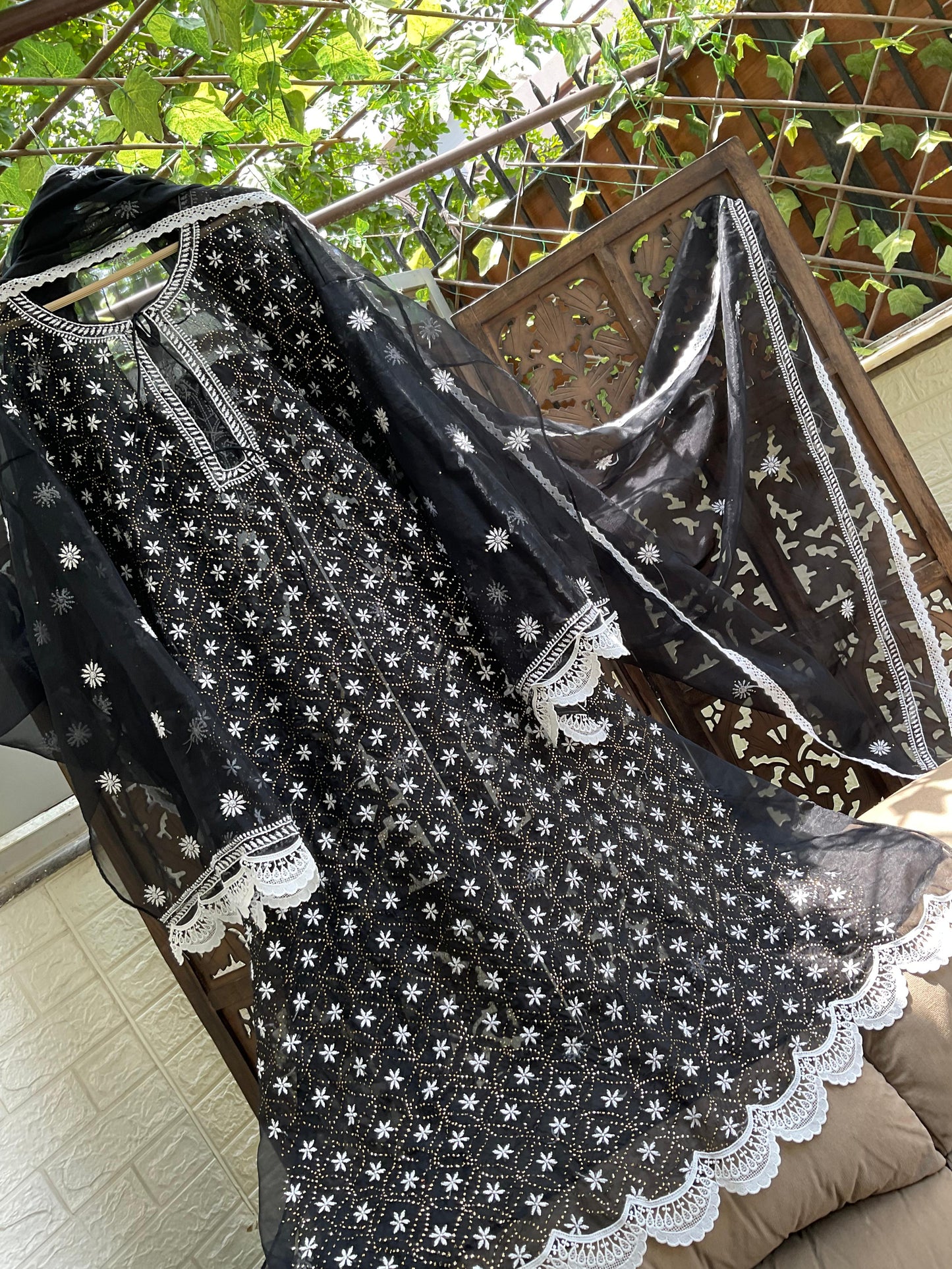 Step Into Summer Elegance  Sheer Organza Chikankari & Mukesh Kurta Set
