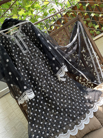 Step Into Summer Elegance  Sheer Organza Chikankari & Mukesh Kurta Set