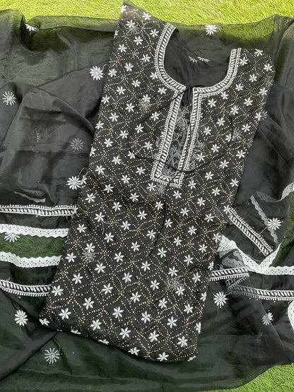 Step Into Summer Elegance  Sheer Organza Chikankari & Mukesh Kurta Set