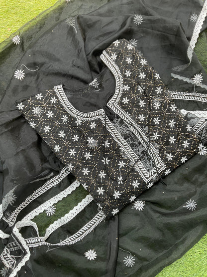 Step Into Summer Elegance  Sheer Organza Chikankari & Mukesh Kurta Set