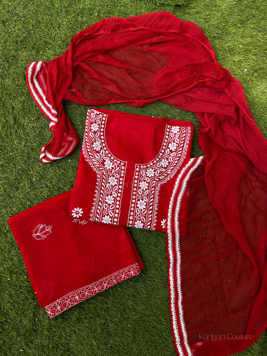 Graceful 3 Piece Cotton Voile Kurta Set with Mughlai Bootas & Chiffon Dupatta