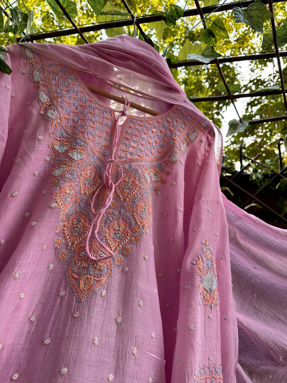 Mulmul Chanderi Suit Set with Multicolour Chikankari, Pearl & Cutdana Embellishments