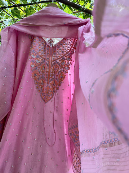 Mulmul Chanderi Suit Set with Multicolour Chikankari, Pearl & Cutdana Embellishments