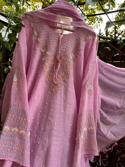 Mulmul Chanderi Suit Set with Multicolour Chikankari, Pearl & Cutdana Embellishments