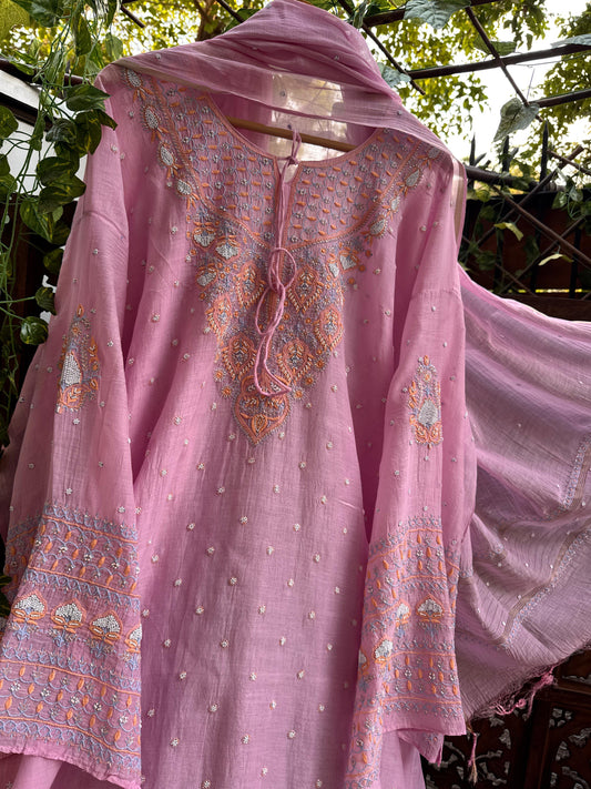 Mulmul Chanderi Suit Set with Multicolour Chikankari, Pearl & Cutdana Embellishments