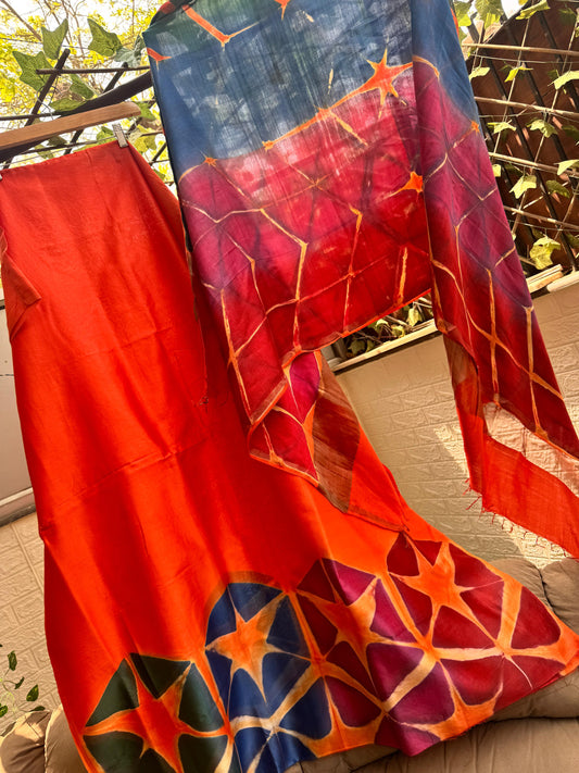 Kesariya  Hand Clamp-Dyed Chanderi Kurta Set with Multicolour Dupatta