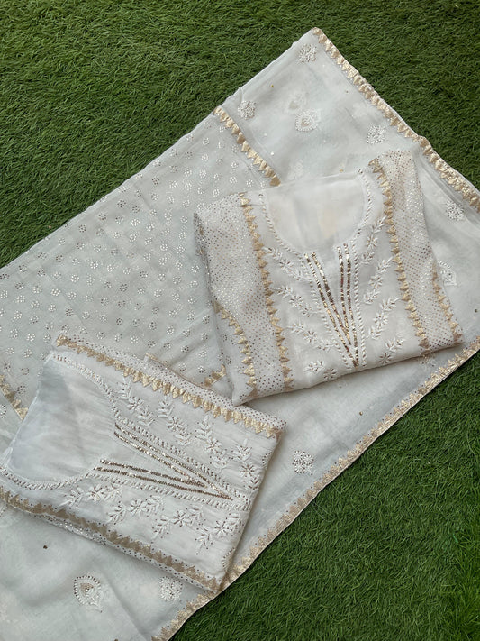 Luxury Mulmul Kurta Set with Handcrafted Chikankari, Mukesh & Darz Ka Kaam