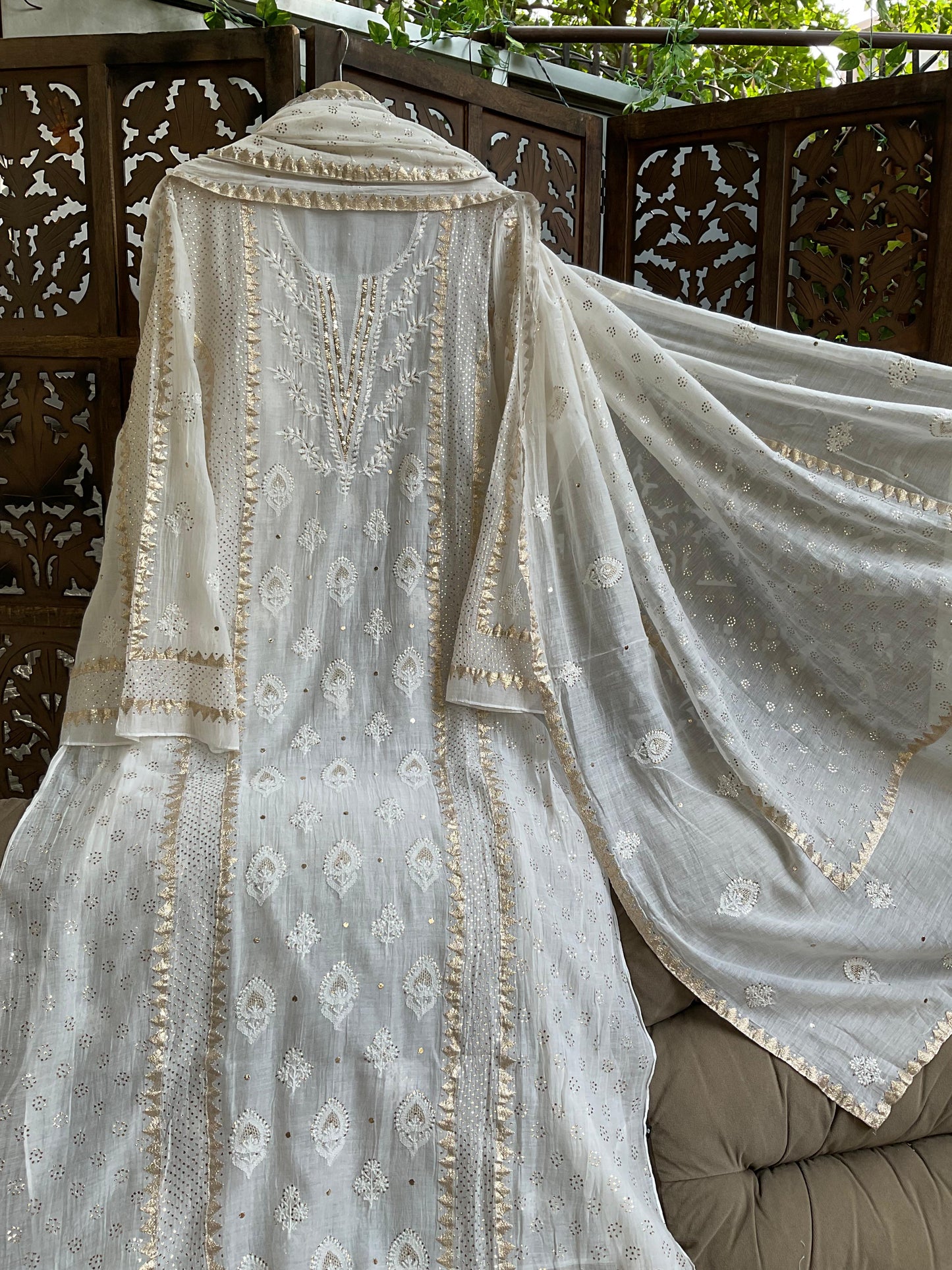 Luxury Mulmul Kurta Set with Handcrafted Chikankari, Mukesh & Darz Ka Kaam