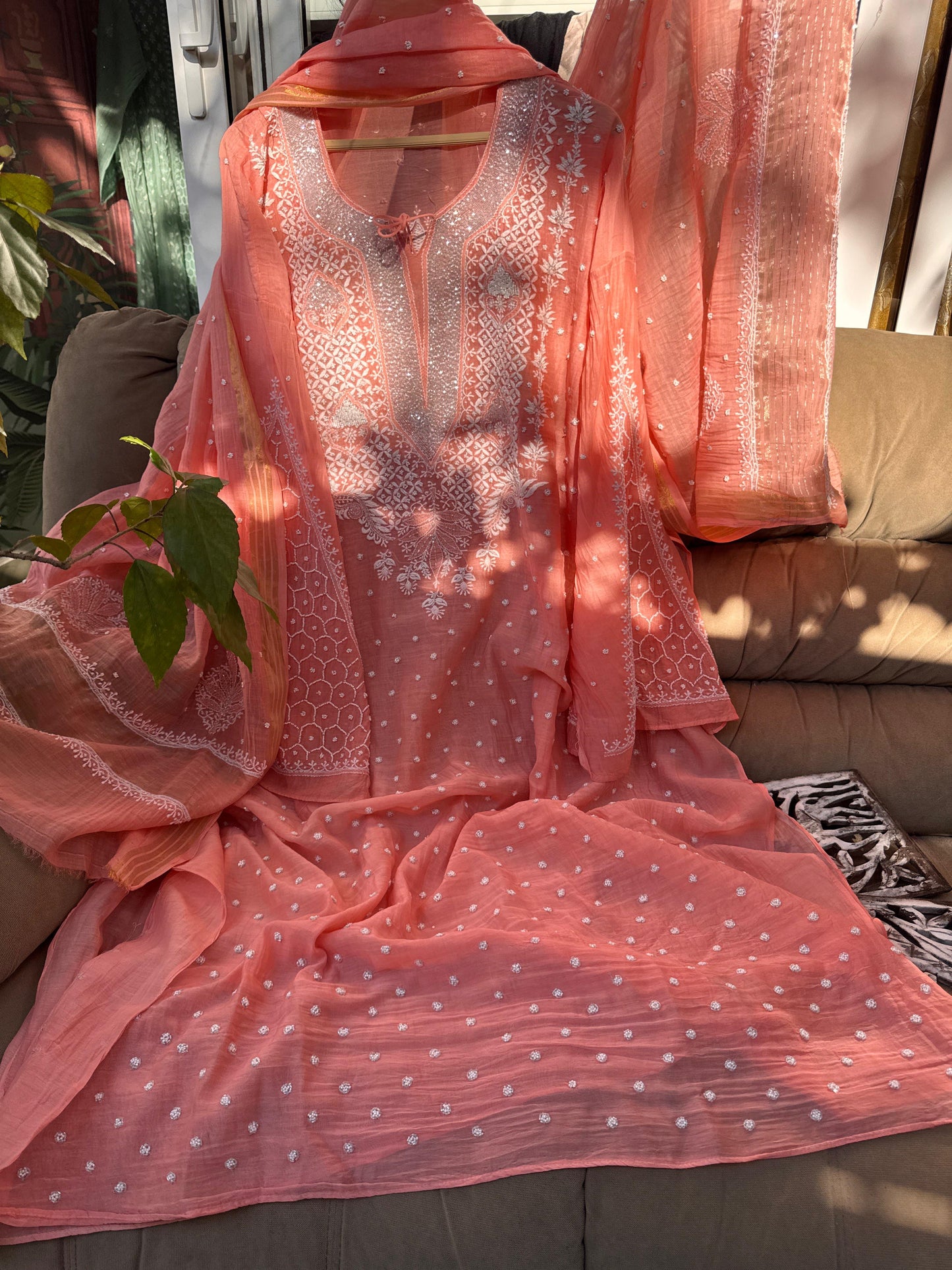 Peachish Orange Mulmul Ensemble Chikankari Elegance with Cutdana & Pearl Highlights