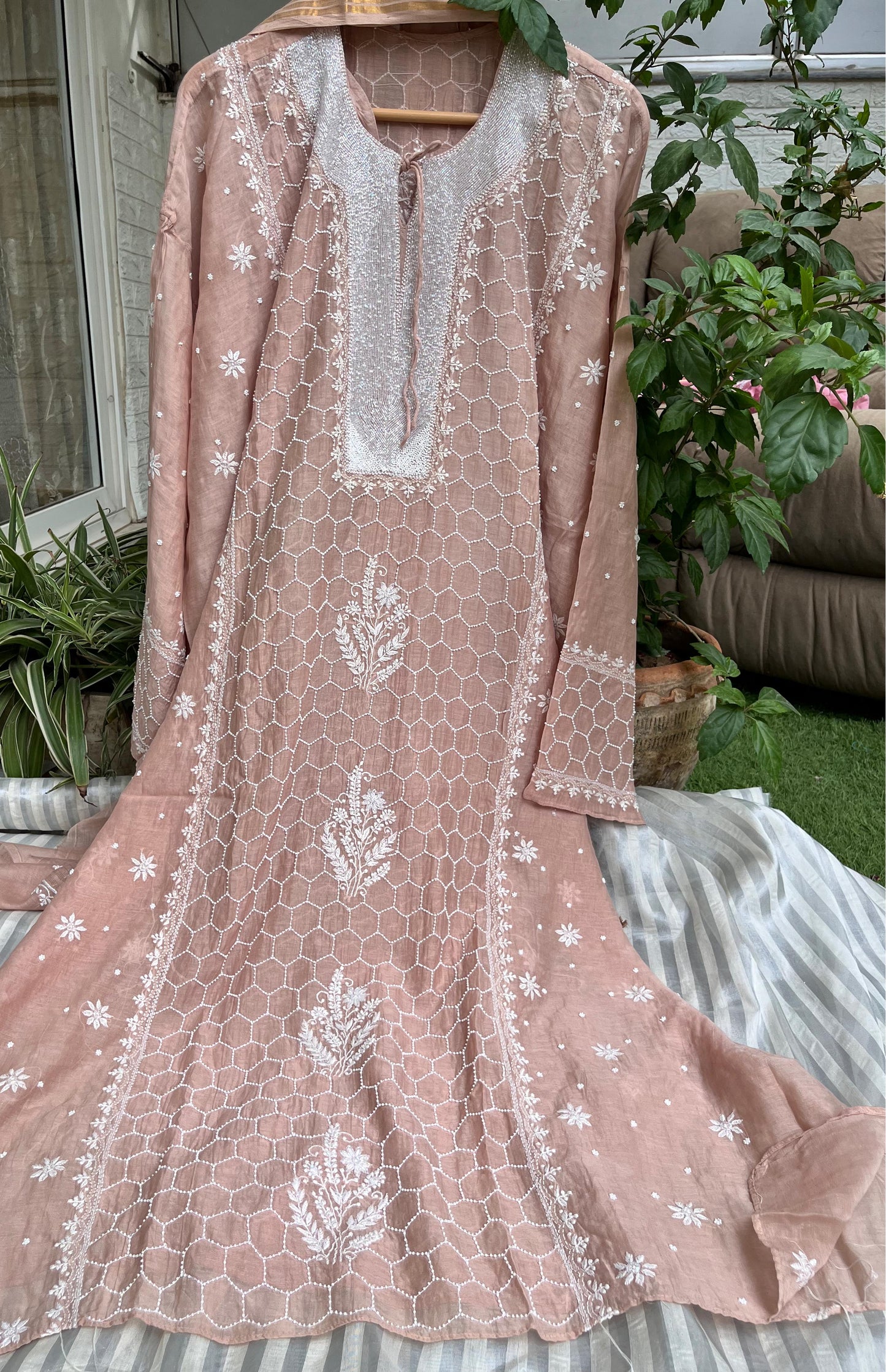 Malmal Suit Set with Cutdana & Pearl Geometric Detailing Available in Two Elegant Shades