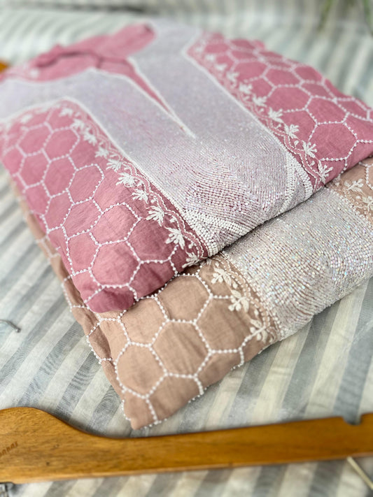 Malmal Suit Set with Cutdana & Pearl Geometric Detailing Available in Two Elegant Shades