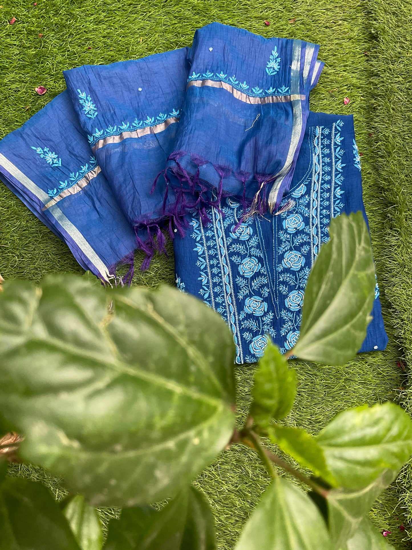 Indigo Elegance Mulmul Chikankari Ensemble with Cutdana & Pearl Detailing