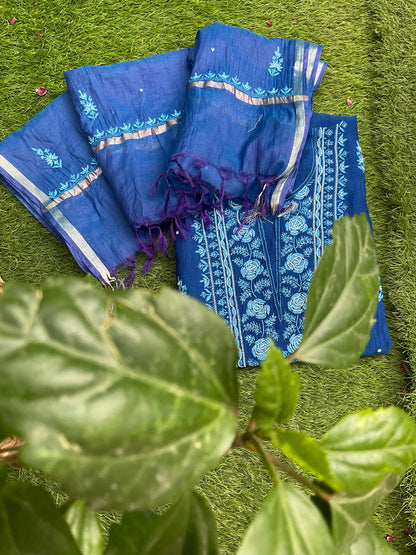 Indigo Elegance Mulmul Chikankari Ensemble with Cutdana & Pearl Detailing