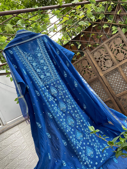 Indigo Elegance Mulmul Chikankari Ensemble with Cutdana & Pearl Detailing
