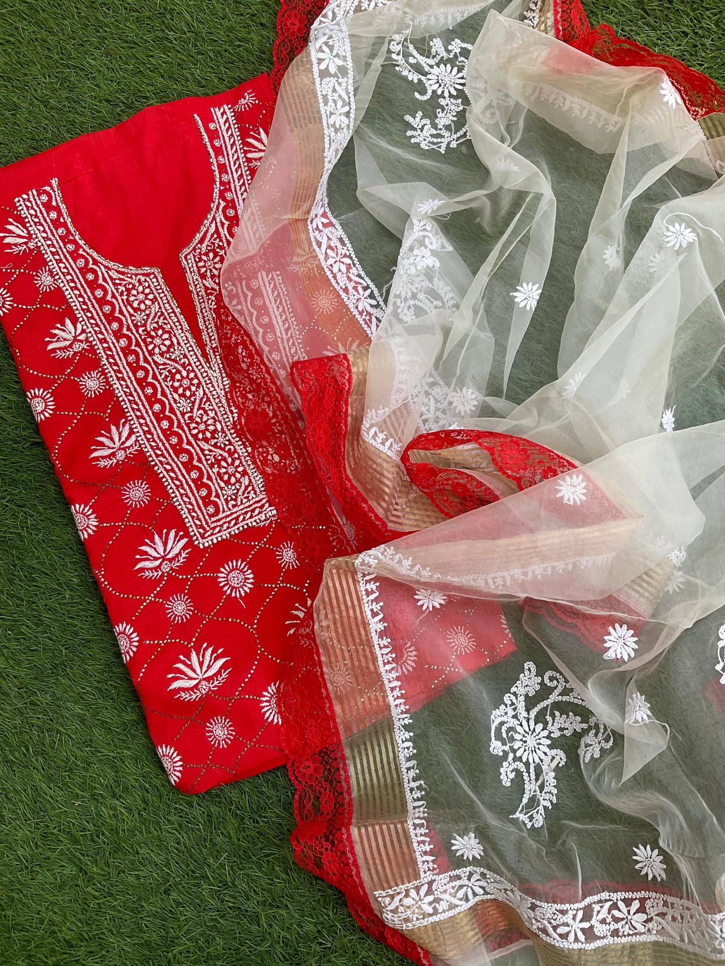 Ravishing Red Cotton Voile Kurta Set with Chikankari & Mukesh Work