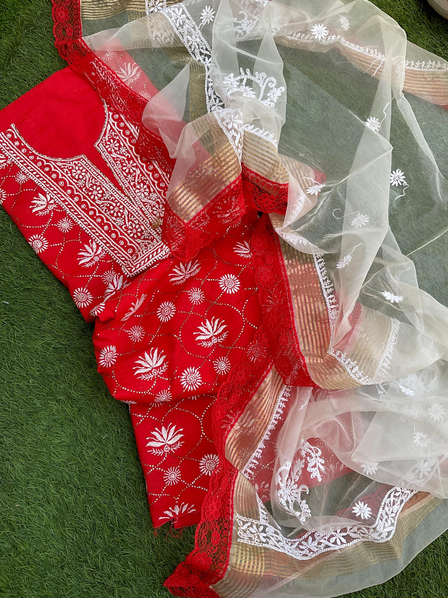 Ravishing Red Cotton Voile Kurta Set with Chikankari & Mukesh Work