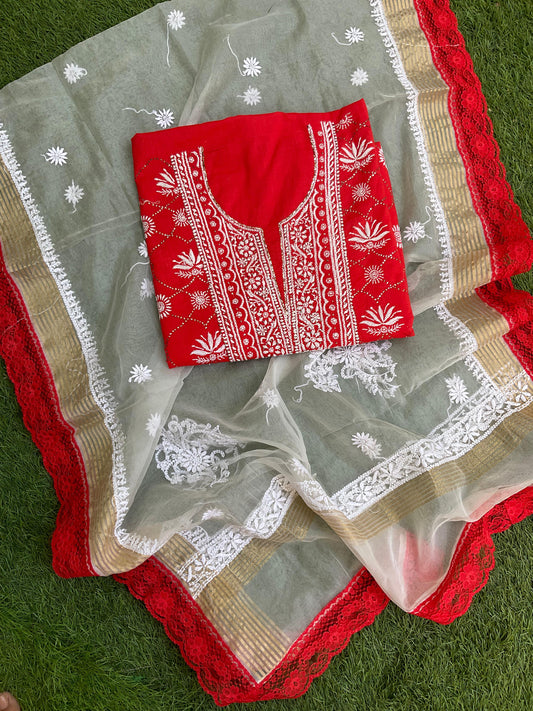 Ravishing Red Cotton Voile Kurta Set with Chikankari & Mukesh Work