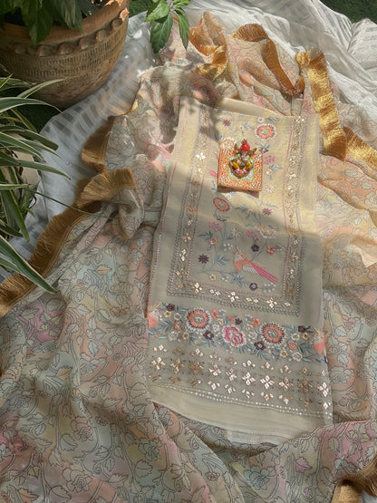 Heritage Elegance Meets Modern Grace Parsi Embroidered Tissue Kurta Ensemble