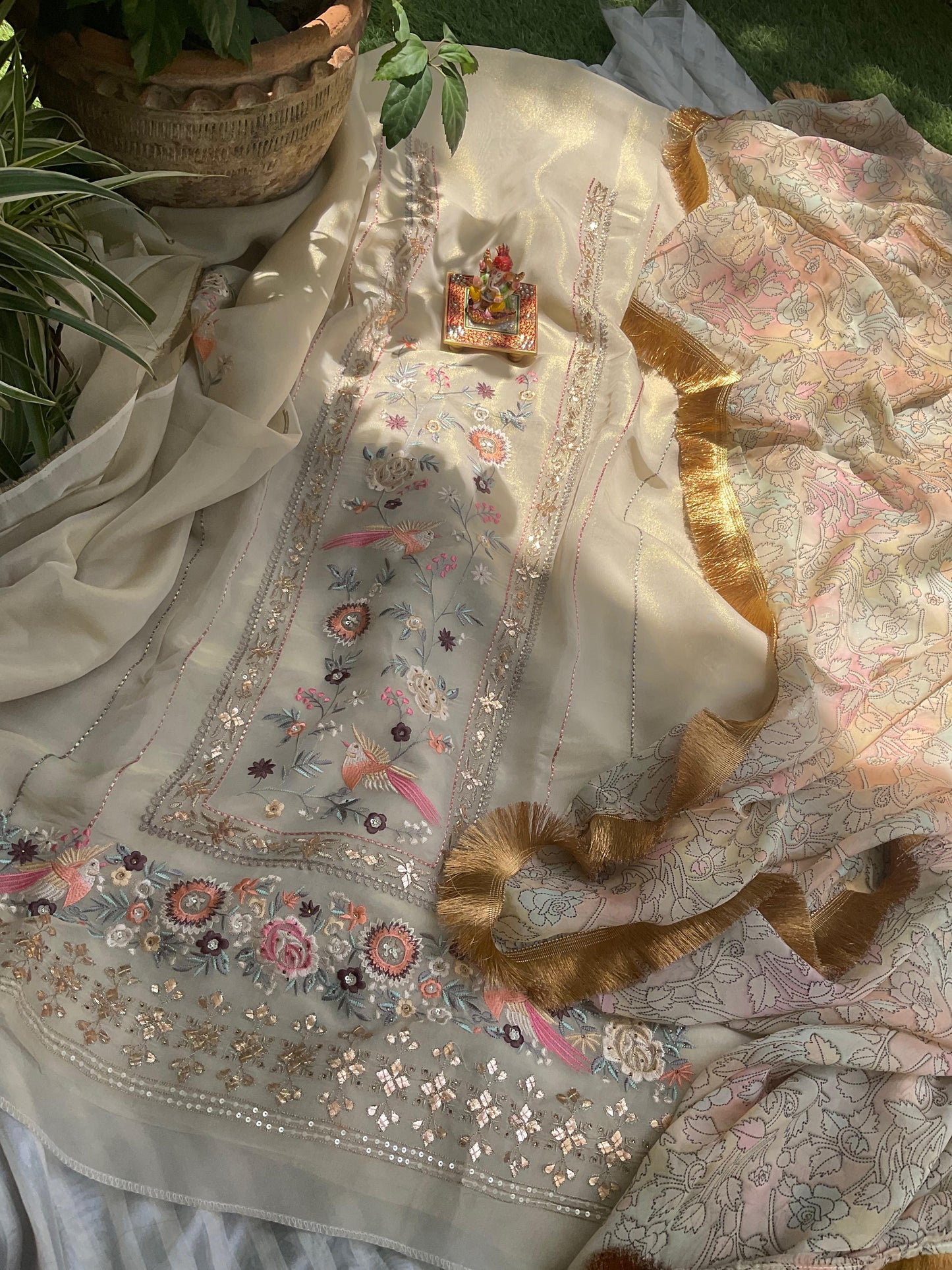 Heritage Elegance Meets Modern Grace Parsi Embroidered Tissue Kurta Ensemble