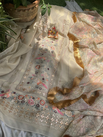Heritage Elegance Meets Modern Grace Parsi Embroidered Tissue Kurta Ensemble