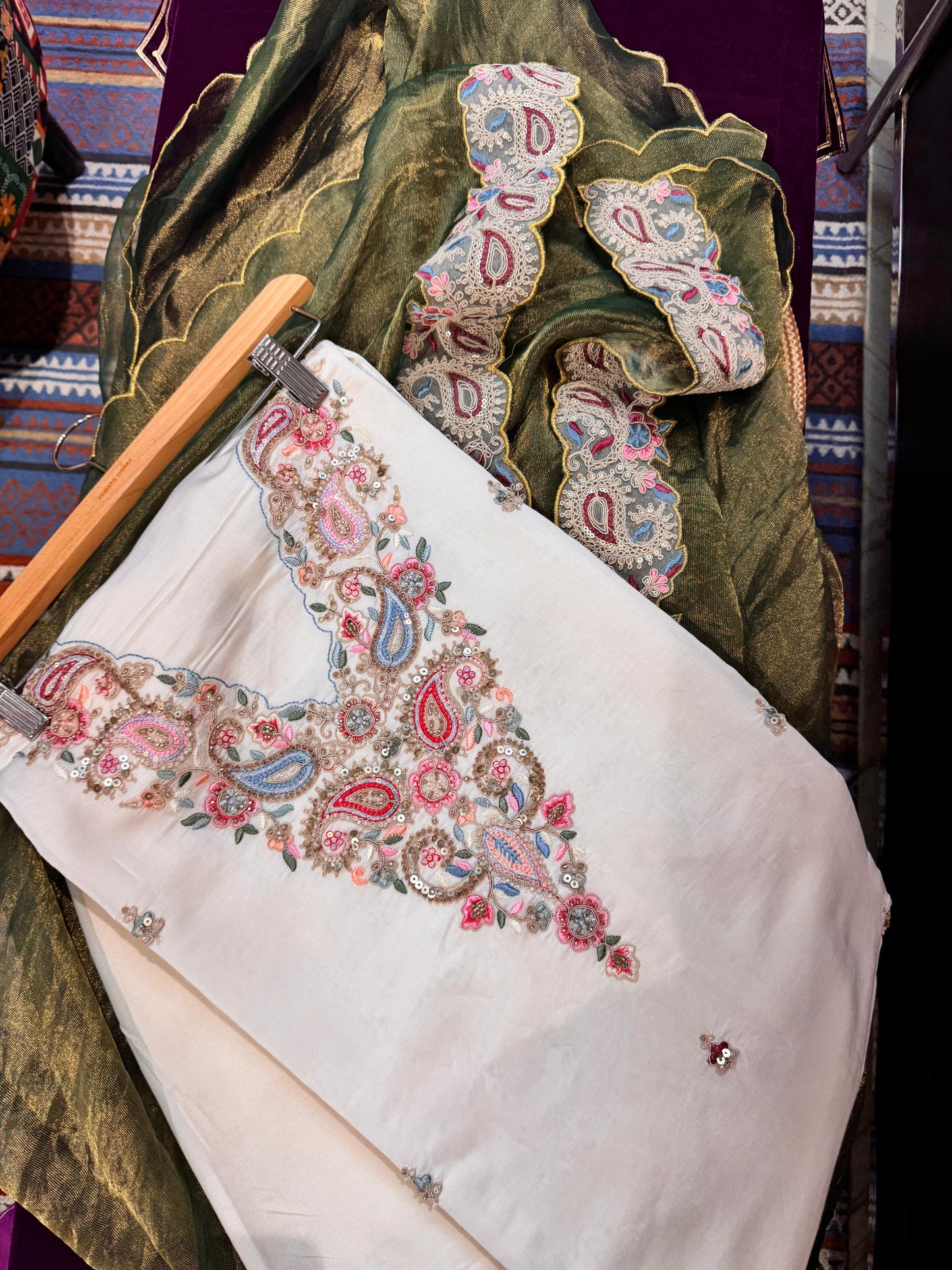 Ivory & Green Muslin Silk Suit Set  A Statement in Understated Elegance