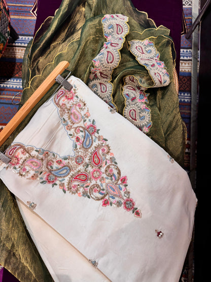 Ivory & Green Muslin Silk Suit Set  A Statement in Understated Elegance