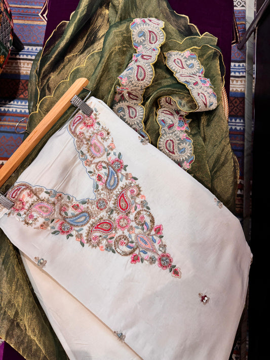 Ivory & Green Muslin Silk Suit Set  A Statement in Understated Elegance