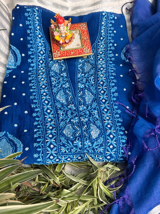 Indigo Blue Mulmul Ensemble  Chikankari Charm with Cutdana & Pearl Accents