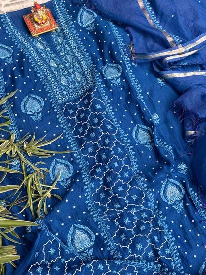 Indigo Blue Mulmul Ensemble  Chikankari Charm with Cutdana & Pearl Accents